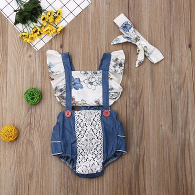 Romper Traje de Bebe, CrossBack Azul con Encaje y Estampado Floral Diadema 0, 6, 12, 18, 24 Meses