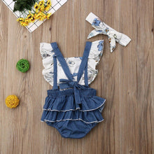 Cargar imagen en el visor de la galería, Romper Traje de Bebe, CrossBack Azul con Encaje y Estampado Floral Diadema 0, 6, 12, 18, 24 Meses