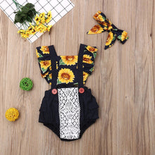 Cargar imagen en el visor de la galería, Romper, Traje de Bebe, CrossBack Azul con Encaje y Estampado Floral Girasoles Diadema 0, 6, 12, 18, 24 Meses