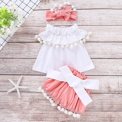 Conjuntos de bebé para bebes sin mangas Casual camisa Blanca + diadema y Short Rosado