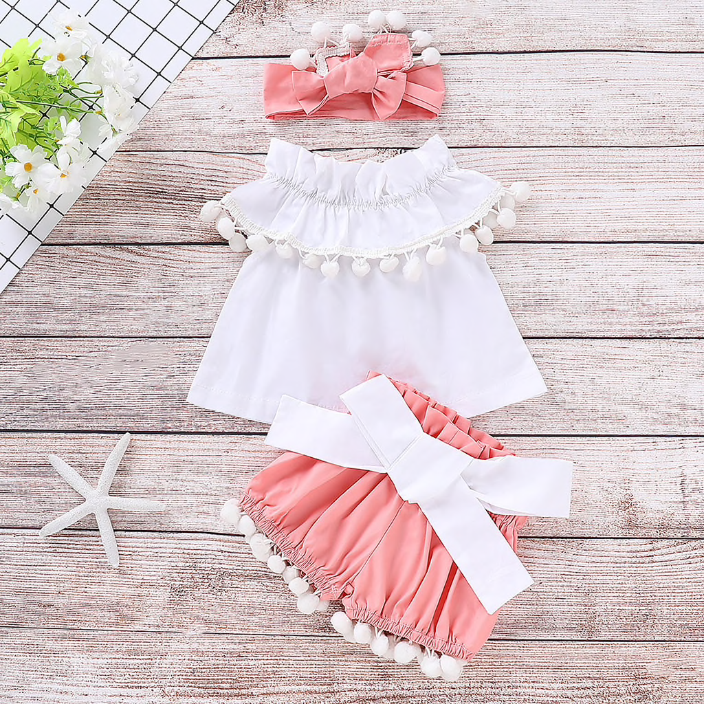 Conjuntos de bebé para bebes sin mangas Casual camisa Blanca + diadema y Short Rosado