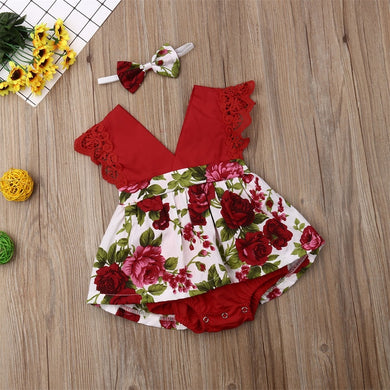 Red Girl Sleeveless Floral Baby Fashion Jumpsuit Clothes+Headband
