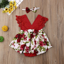 Cargar imagen en el visor de la galería, Red Girl Sleeveless Floral Baby Fashion Jumpsuit Clothes+Headband