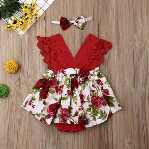 Red Girl Sleeveless Floral Baby Fashion Jumpsuit Clothes+Headband