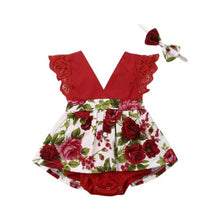 Cargar imagen en el visor de la galería, Red Girl Sleeveless Floral Baby Fashion Jumpsuit Clothes+Headband