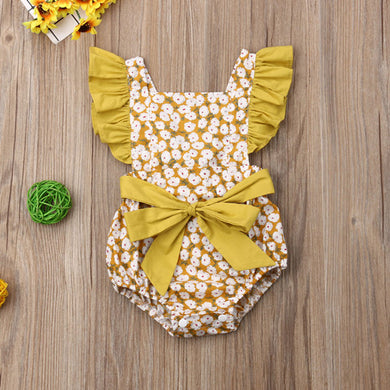 Baby Girls Floral Bow Romper Jumpsuit / Back Cross Amarillo con Flores 0, 6, 9, 12 Meses