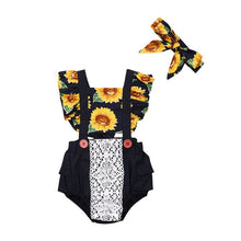 Cargar imagen en el visor de la galería, Romper, Traje de Bebe, CrossBack Azul con Encaje y Estampado Floral Girasoles Diadema 0, 6, 12, 18, 24 Meses